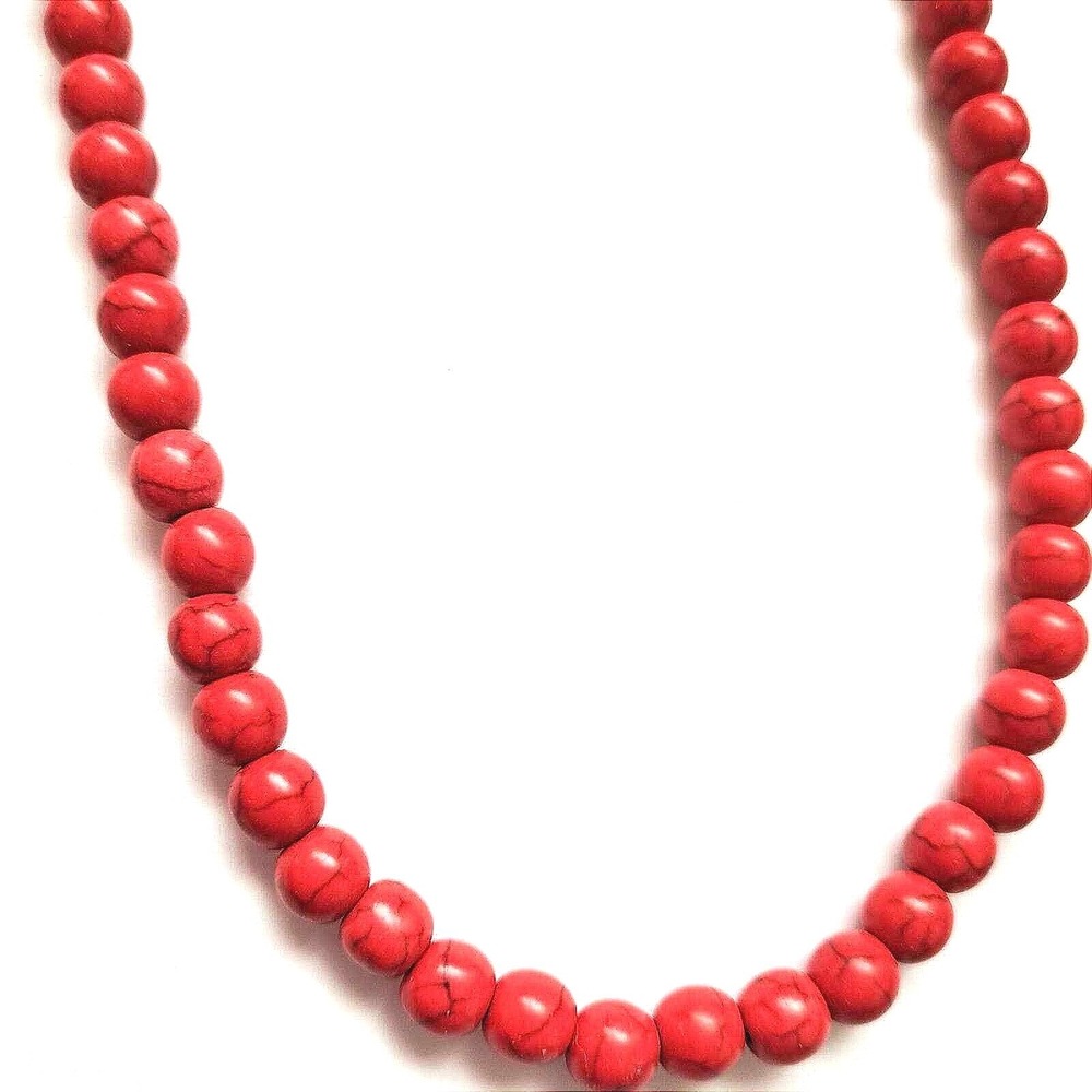 Vintage‎ Red Howlite Necklace 20" 8mm Hand Knotted Beads Spiritual Energy Boho